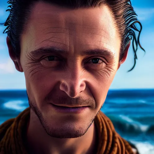 Image similar to portrait of a young loki, beach pic, depth of field, zeiss lens, detailed, symmetrical, centered, fashion photoshoot, by annie leibovitz and steve mccurry, david lazar, jimmy nelsson, breathtaking, 8 k resolution, extremely detailed, beautiful, establishing shot, artistic, hyperrealistic, beautiful face, octane render
