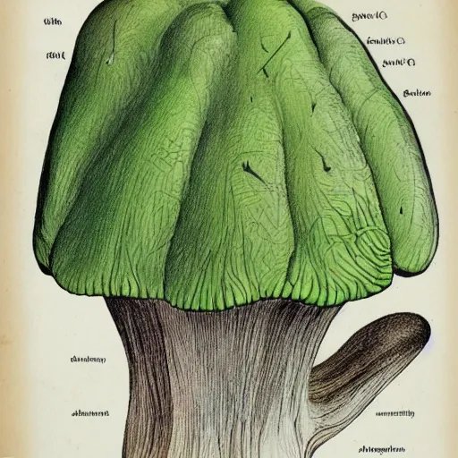 Prompt: botanical illustration of an alien mushroom. naturalist color illustration, textbook drawing, drawn on vellum, detailed illustration, nobel prize