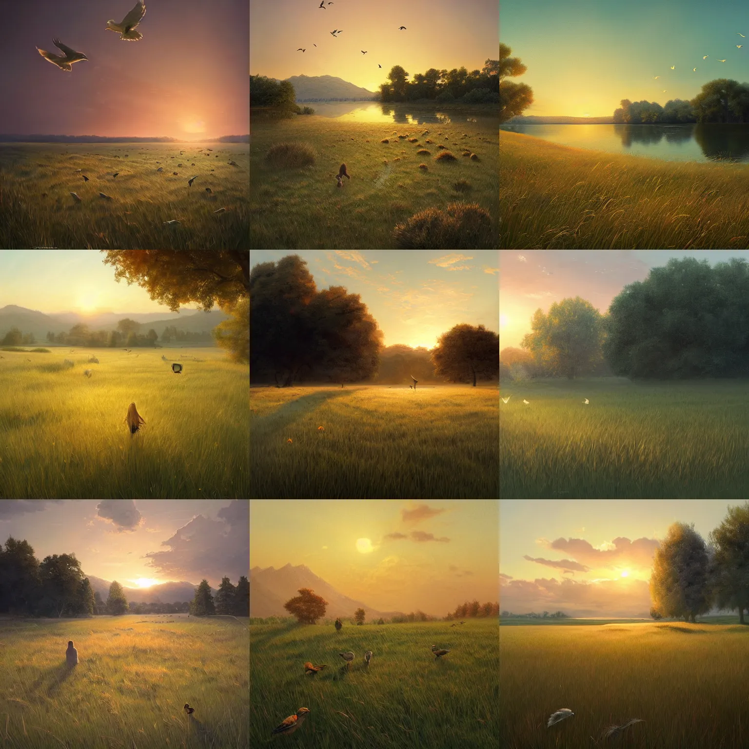 Prompt: a beautiful grassy meadow at sunset, birds, lake, by greg rutkowski, chris tulloch mccabe, valentina remenar and asher duran, digital art, concept art, trending on artstation