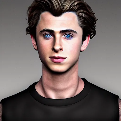 Image similar to Young Chris Hemsworth and Old Timothee Chalamet crossbreed, rendered in 3D by Xie Boli, trending on artstation, 4k, 8k, photorealistic imagery, photorealistic details, intricate, highly detailed