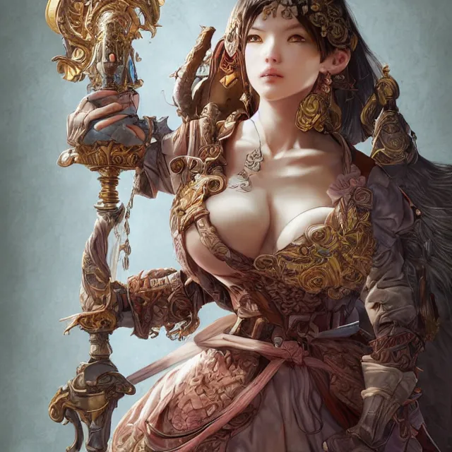 Image similar to studio portrait of neutral good colorful female cleric bard healer as absurdly beautiful, elegant, young skinny gravure idol, ultrafine hyperdetailed face illustration by kim jung gi, irakli nadar, intricate linework, sharp focus, bright colors, octopath traveler, final fantasy, unreal engine highly rendered, global illumination, radiant light, detailed and intricate environment