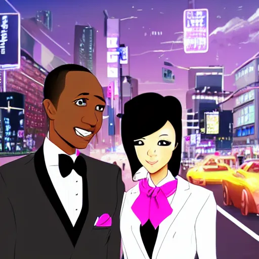 Image similar to A black man wearing white suit and a black tie with a white woman wearing a pink dress on street at night , traffic in background , highly detailed face , Anime Style