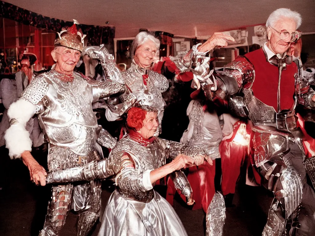 Image similar to a couple of grandparents of 1 0 0 years old wearing knight iron costume and dancing, kodachrome, backlight, add a glow around subj. edge, in twin peaks, 1 9 9 0 s