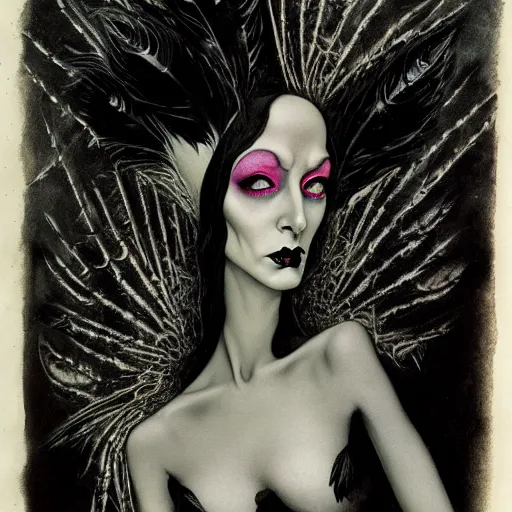 Prompt: goth woman as mysterious supervillain and and black veil and modestly clothed victorian goth, black feathers instead of hair, black wings instead of arms, gray mottled skin, black feathers growing out of skin, transforming, by tim burton and brian froud, german expressionist, paintbrush, rough paper, fine,