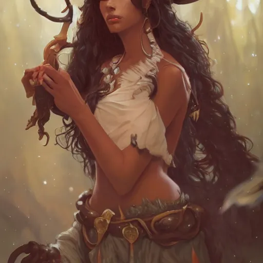 Image similar to cute Whimsical Tiefling Druid with cute horns , light-brown skin, D&D, fantasy, portrait, highly detailed, digital painting, artstation, concept art, sharp focus, illustration, art by greg rutkowski and alphonse mucha