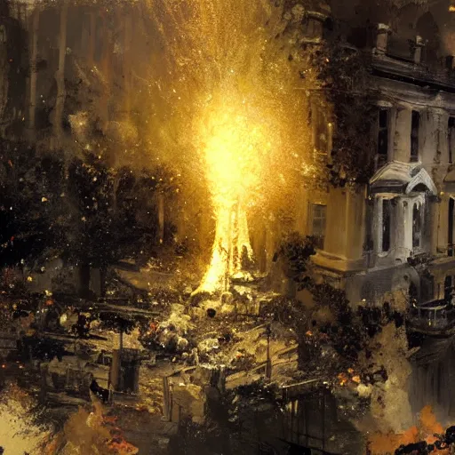 Prompt: the white house being exploded, tragic, beautiful, craig mullins, historic