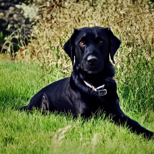 Prompt: a black dog sitting in the grass getting some sun, 20mm lens, Sony a7siii