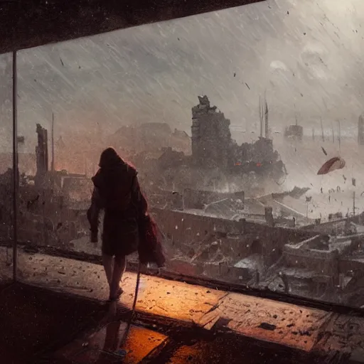 Prompt: A portrait of a suicidal girl, ruins of a destroyed city and a yellow-red full moon on background, techwear, dark, rainy atmosphere, natural volumetric light, intricate, highly detailed, digital painting, concept art, sharp focus, illustration, art by greg rutkowski, matte painting, trending on artstation