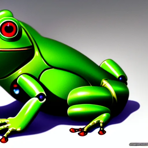 Image similar to a full body portrait of robot frog, finely detailed features, closeup at the faces, perfect art, gapmoe yandere grimdark, trending on pixiv fanbox, artwork by makoto shinkai, takashi takeuchi, studio ghibli, akihiko yoshida,