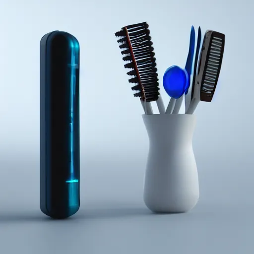 Image similar to photo of a futuristic toothbrush, product photography, photography, realistic, 8 k, octane render, volumetric lighting