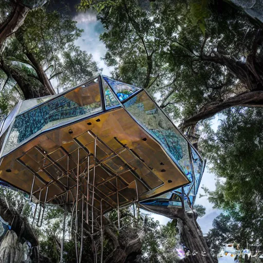 Image similar to exquisitely Intricate marble and opal treehouse, lucid, vivid, mystical, wide angle, high detail, 8k, justin totemical