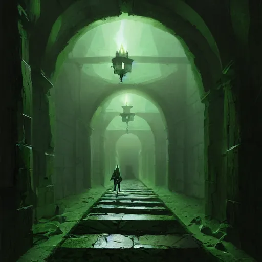 Image similar to dark stone hallway with green goo in the corners as an adventurer with a torch walks through, by greg rutkowski