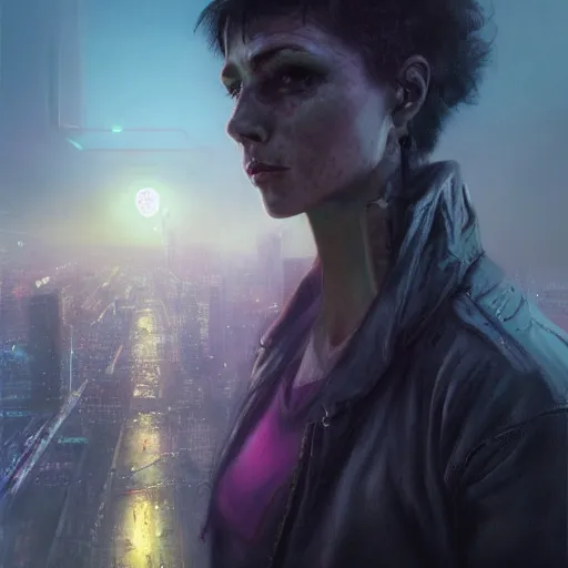 Image similar to molly from neuromancer, extremely detailed portrait of a young cyberpunk woman, eye implants, sunset, cyberpunk city background, megacity, gorgeous view, depth, painted by seb mckinnon, high detail, digital art, painted by greg rutkowski, trending on artstation