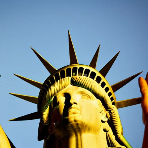 Prompt: statue of liberty eating a cheeseburger, golden hour, award winning photo, low angle