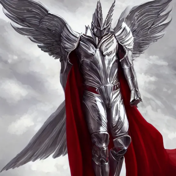 Image similar to cinematic full body shot of a male angel flying, white metallic armor, red cape, elegant pose, detailed arms, detailed white armor, two arms, two legs, detailed fanart, rpg art, d&d art, macro art, digital art, DeviantArt, artstation, 8k HD