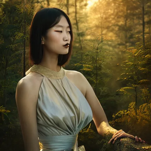 Prompt: innovative avant - garde art, deco fashion, asian women, highly detailed, photorealistic portrait by michael chavel, serene forest setting, golden hour, crisp quality and light reflections, octane render