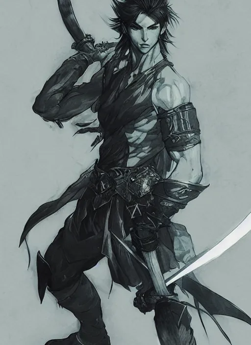 Prompt: Half body portrait of a young prodigy elven male swordman wielding fire. In style of Yoji Shinkawa and Hyung-tae Kim, trending on ArtStation, dark fantasy, great composition, concept art, highly detailed, dynamic pose.