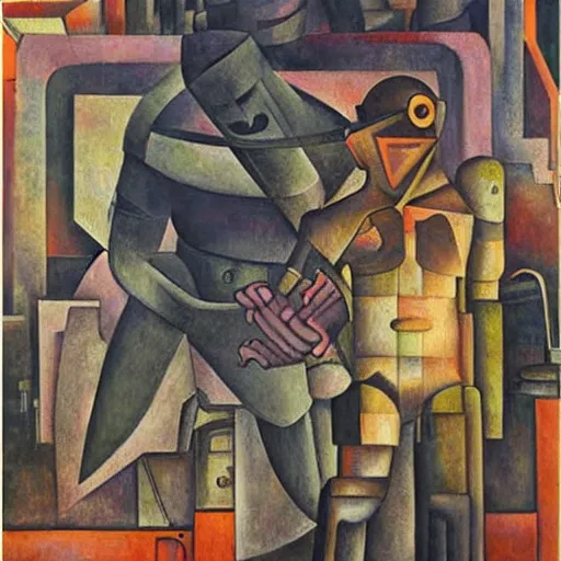 Prompt: cyborg at the crossroads, murales by diego rivera