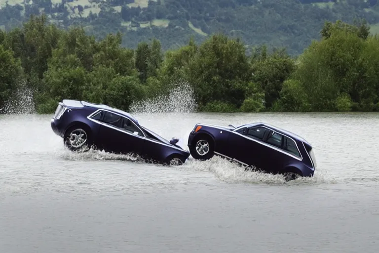 Image similar to Teenagers push Rolls-Royce into lake with their hands from a small slide wanting to drown him