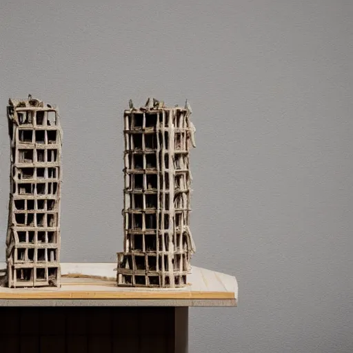 Prompt: an architectural model of a modern apartment building that looks like driftwood on a table on display in a contemporary art gallery, uncanny, liminal spaces, incredulous, beautiful, bokeh