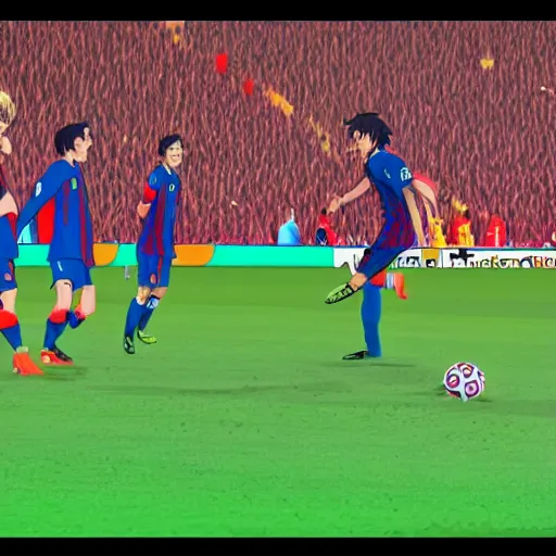 Image similar to messi scoring a goal anime style