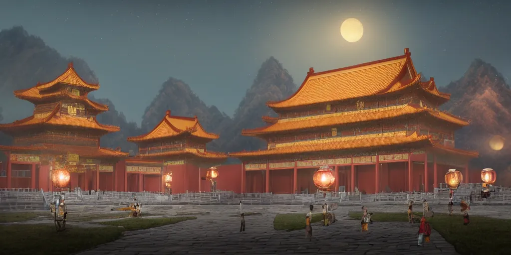 Image similar to magnificent chinese immortal palace, night view with kongming lanterns in the sky, concept art, dreamy, render by octane and blender, hyper realistic, cinematic lighting, unreal engin 5, by krenz cushart, 8 k, vray render, artstation, deviantart