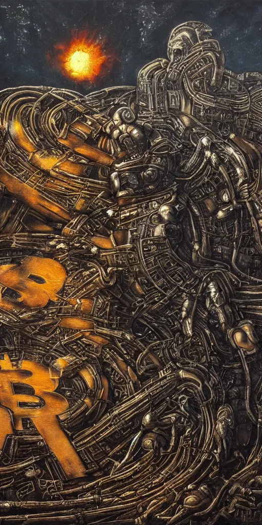 Image similar to great bitcoin crash, single rusted bitcoin, apocalyptic famine poverty and war, planet burning due to mining, h. r. giger, dark fantasy painting featured artstation