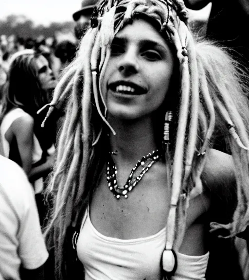 Image similar to portrait of a stunningly beautiful hippie girl with shoulder length blonde dreadlocks dancing at a rave festival, by bruce davidson