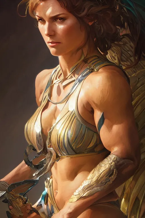 Image similar to portrait of an amazon, muscular, upper body, D&D, fantasy, intricate, cinematic lighting, highly detailed, digital painting, artstation, concept art, smooth, sharp focus, illustration, art by Artgerm and Greg Rutkowski and Alphonse Mucha