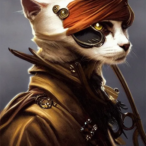 Image similar to portrait, male humanoid cat, eye patch, black fur, pirate, doctor, pirate clothes, d & d, fantasy, intricate, elegant, highly detailed, digital painting, artstation, concept art, matte, sharp focus, illustration, art by artgerm and greg rutkowski and alphonse mucha