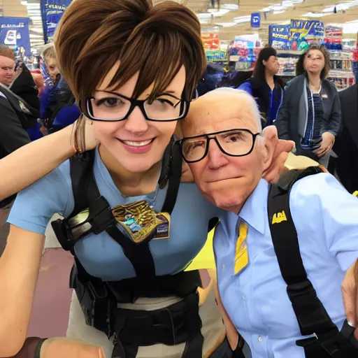 Prompt: Tracer from overwatch and joe biden in a walmart