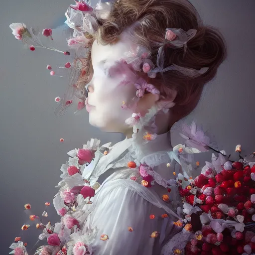 Image similar to the portrait of the absurdly beautiful, graceful, elegant, sophisticated, fashionable little girl made of strawberries and white petals looking down, an ultrafine hyperdetailed illustration by kim jung gi, irakli nadar, intricate linework, bright colors, octopath traveler, final fantasy, unreal engine 5 highly rendered, global illumination, radiant light, detailed and intricate environment