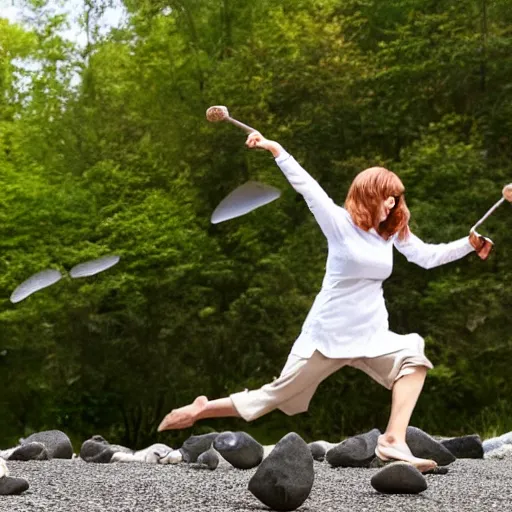 Image similar to morbid woman throwing rocks action sequence