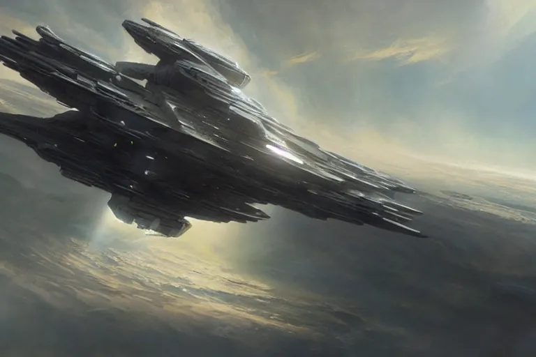 Image similar to hyper realistic sci - fi matte concept art painting of a starship above earth, beautiful details, strong composition painted by kim jung guweta studio rutkowski, james gurney and greg rutkowski, and lucasfilm, smooth, intricate, detailed, sharp focus, cinematic