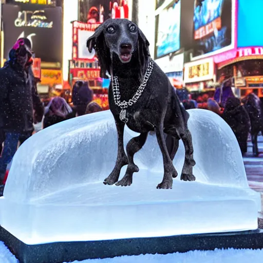 Image similar to realistic ice sculpture of snoop dog in times square, photorealistic, 8 k resolution, high detail