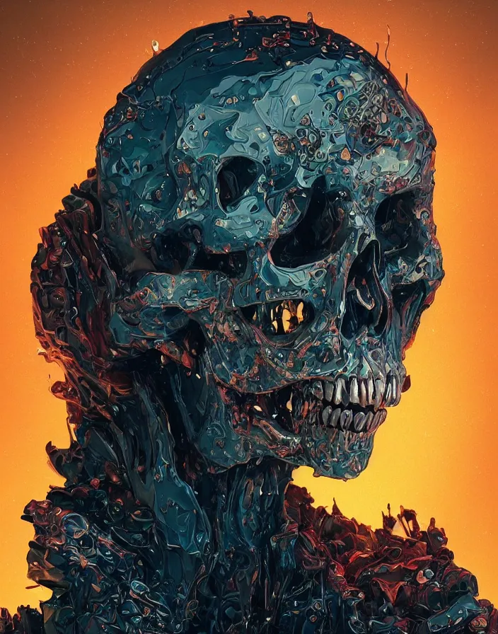 Image similar to portrait of a melting skull. intricate abstract. sharp teeth. delicate artwork. by Tooth Wu, wlop, beeple, dan mumford. octane render, trending on artstation, greg rutkowski very coherent symmetrical artwork. cinematic, hyper realism, high detail, octane render, 8k, depth of field, bokeh. iridescent accents. blade runner.