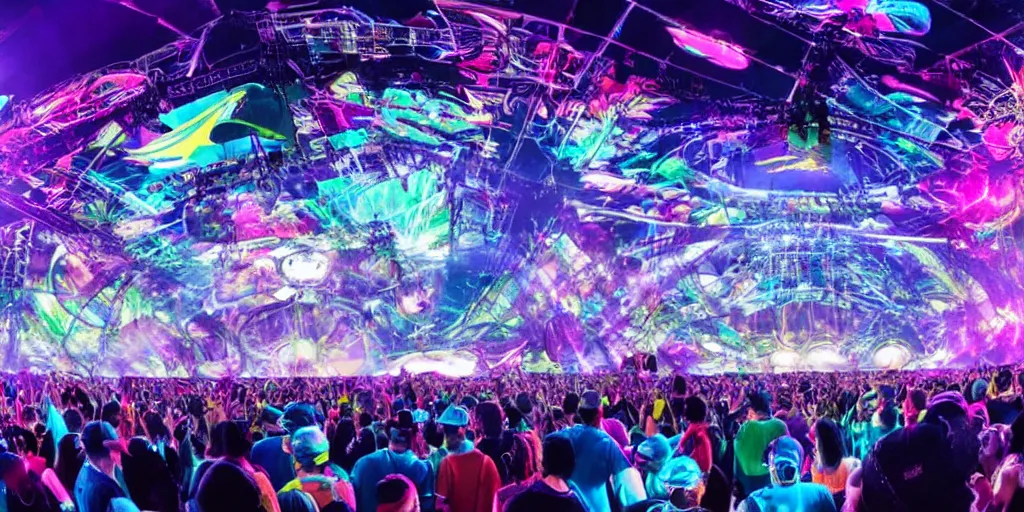 Prompt: the main stage at electric daisy carnival in the year 2 0 4 0, set design, projection mapping