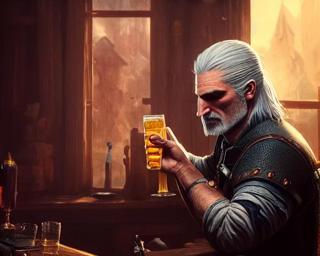 Image similar to 5 5 mm portrait photo of geralt drinking a beer. magical atmosphere. art by greg rutkowski. highly detailed 8 k. intricate. lifelike. soft light. nikon d 8 5 0.