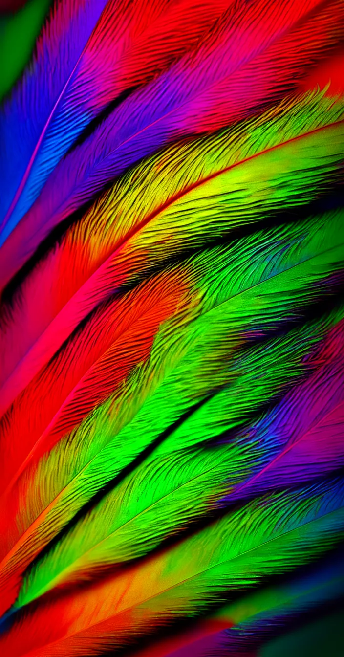 Prompt: realistic photo of colorful one big feather, high colored texture, dark smooth background, very sharp focus, 3 d octane render, in the style of greg rutswoski, very hyper realistic, highly detailed, fantasy art station