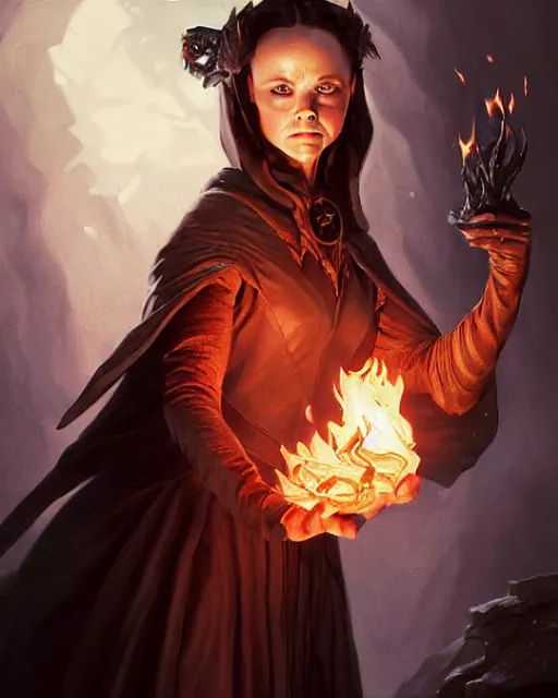 Image similar to Christina Ricci from Sleepy Hollow (1999) casting a fire spell, D&D, fantasy, intricate, elegant, highly detailed, digital painting, artstation, concept art, matte, sharp focus, illustration, hearthstone, art by Artgerm and Greg Rutkowski and Alphonse Mucha