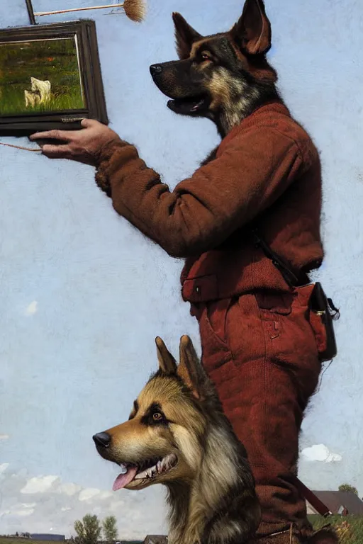 Prompt: farm life portrait of furry anthro anthropomorphic german shepard head animal person fursona wearing clothes in ohio, sunny day, digital art by Nerdrum John, William Waterhouse, Winslow Homer, Alex Heywood, Jordan Grimmer, Darren Quach, Greg Rutkowski, Simon Stalenhag, trending on Artstation, CGSociety