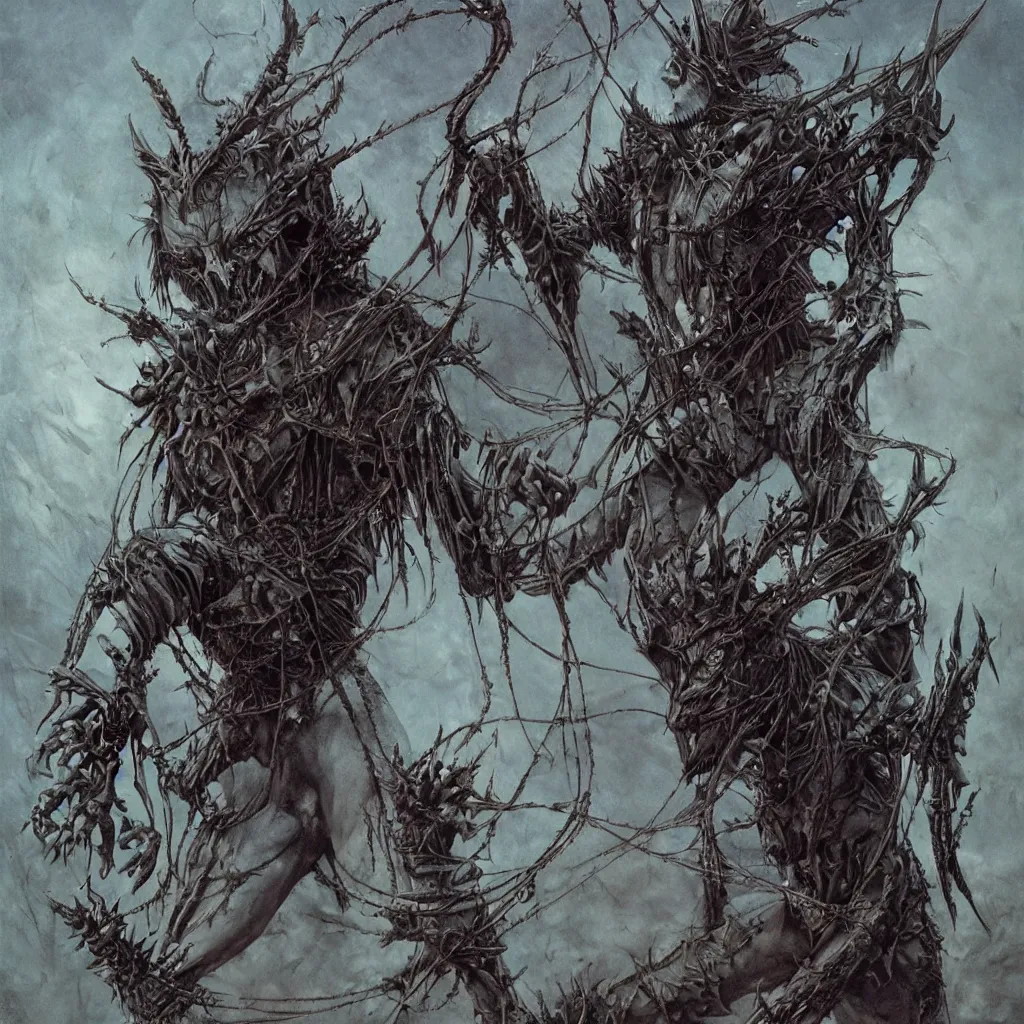 Image similar to A creepy armored horned fanged demon woman with blue scarred skin wrapped in barbed wire. Extremely high detail, realistic, fantasy art, solo, bones, ornate, textured, cgsociety masterpiece, saturated colors, tricate omnious visionary concept art tangled, ripped flesh, art by Zdzisław Beksiński, Arthur Rackham, Dariusz Zawadzki