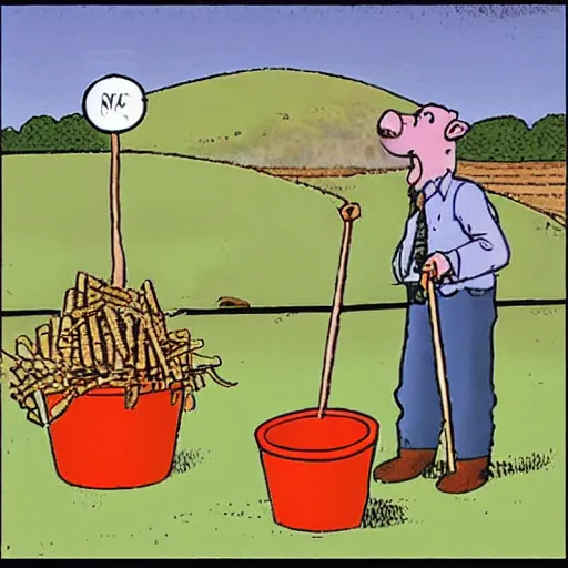 Image similar to a cow points at a bucket, a farmer stands nearby, illustrated by gary larson