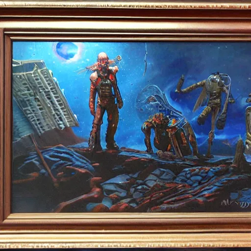 Image similar to the dirdir by jack vance, mike mignogna, highly detailed, vintage dark sci fi, oil painting