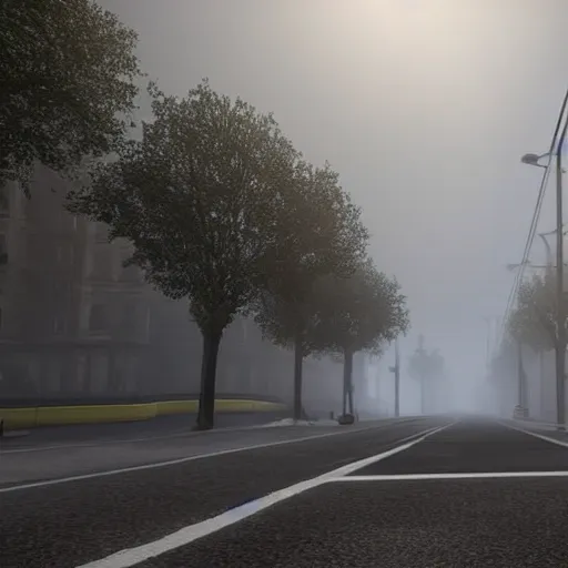 Image similar to still shot of a street covered in morning fog, highly detailed, photorealistic portrait, bright studio setting, studio lighting, crisp quality and light reflections, unreal engine 5 quality render