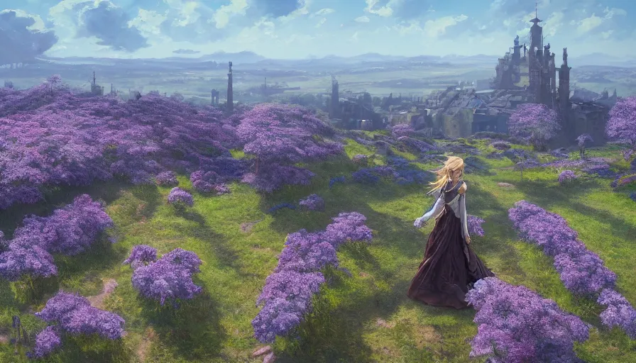 Prompt: landscape painting drone shot of violet evergarden standing on a distant flower hill, behind it a distant old german city, blue sky, sunshine, fantasy, intricate, elegant, highly detailed, digital painting, artstation, blender, unreal engine 5, octane render, smooth, sharp focus, illustration, by Philipp A. Urlich and greg rutkowski