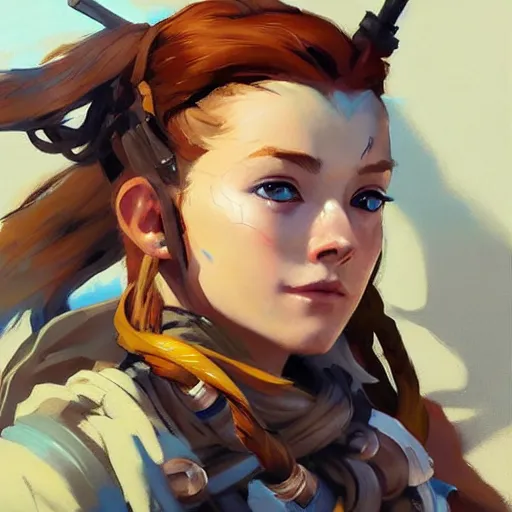 Image similar to greg manchess portrait painting of a aloy as overwatch character, medium shot, asymmetrical, profile picture, organic painting, sunny day, matte painting, bold shapes, hard edges, street art, trending on artstation, by huang guangjian and gil elvgren and sachin teng