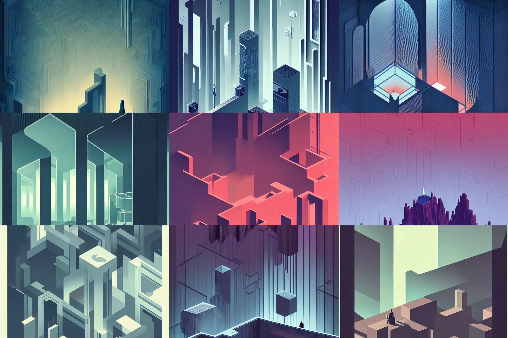 Prompt: ( ( dither ) ), editorial illustration multiple ( ( ct brain scan slices ) ), office interior, modern art deco, ( ( mads berg ) ), christopher balaskas, murata range, rich grainy texture, detailed, dynamic composition, wide angle, matte print, art nouveau, low fog, monument valley