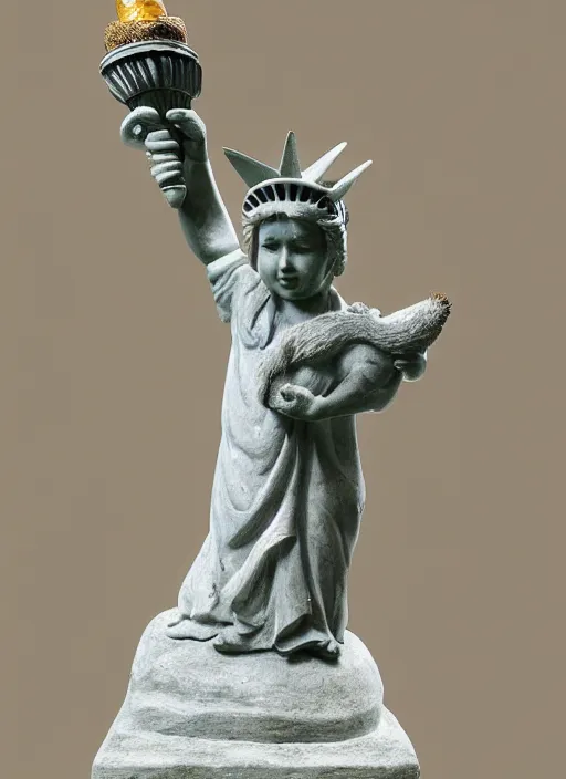 Image similar to A marble statue of a squirrel holding an acorn in the style of Statue of Liberty. museum photo