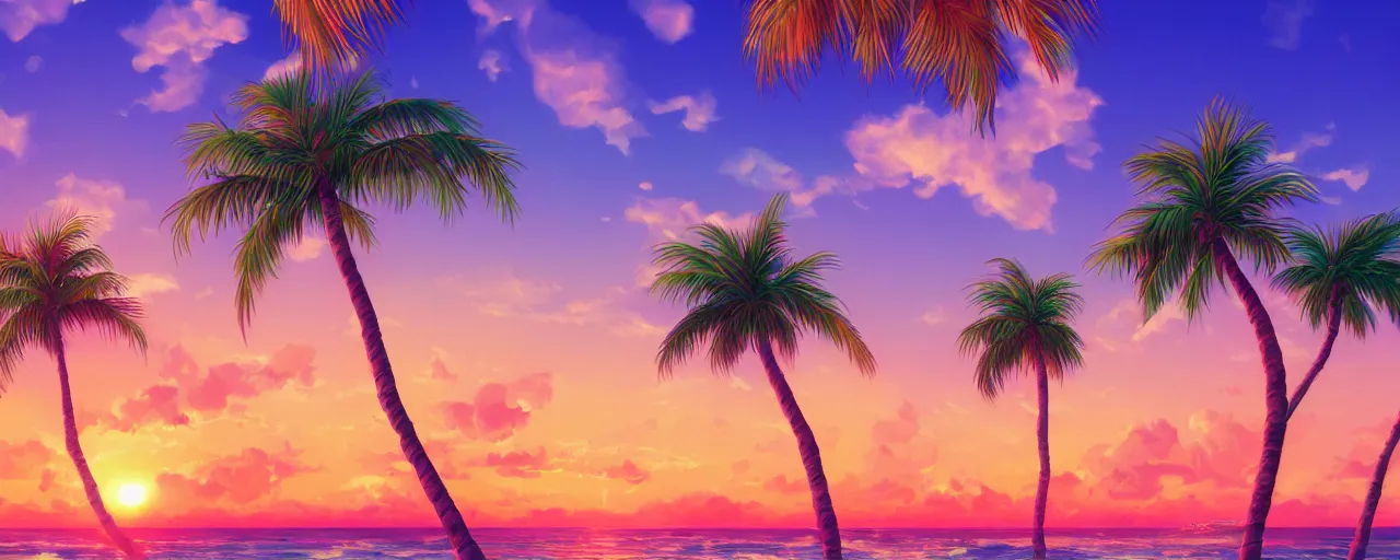 Image similar to A highly detailed wallpaper of a vaporwave beach at sunset in vaporwave style, sun, ocean, palm trees, artstation, cgsociety, masterpiece